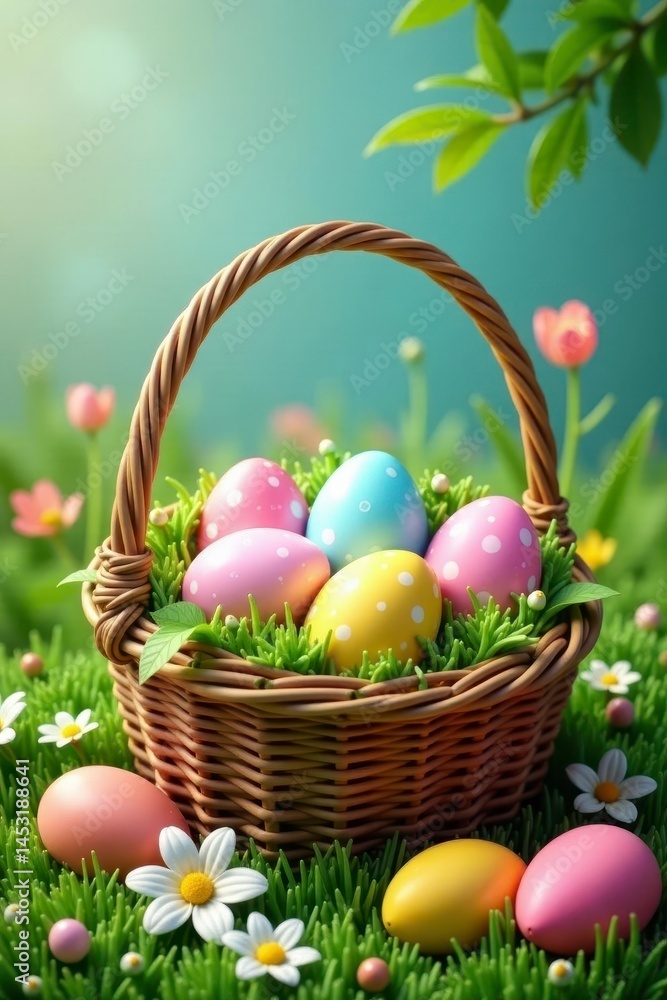 Colorful Easter eggs, basket, spring greenery, and playful bunnies, arranged attractively , spring, bright Colorful Easter eggs, basket, spring greenery, and playful bunnies, arranged attractively , spring, bright