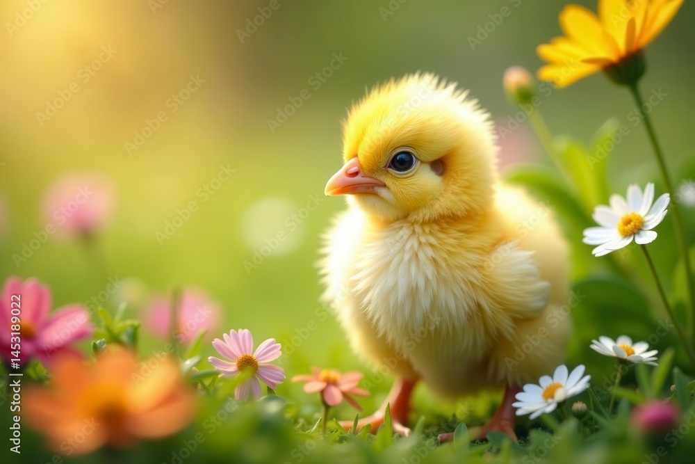 Fluffy yellow chick amidst blooming wildflowers, sunny spring day, wildlife photography, outdoor Fluffy yellow chick amidst blooming wildflowers, sunny spring day, wildlife photography, outdoor