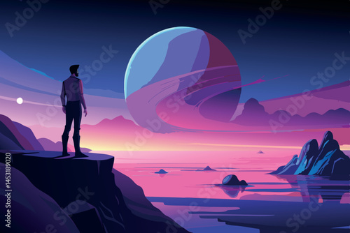 Silhouette of a person standing on a cliff edge looking at a cosmic scene with a glowing planet in the sky and a serene landscape