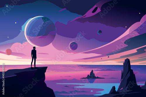 A person standing on a cliff, gazing at a cosmic horizon with a purple planet and vibrant sky reflecting in the calm ocean