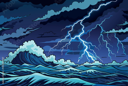 Dramatic stormy sea at night with massive lightning bolts illuminating dark clouds and turbulent waves crashing on the ocean