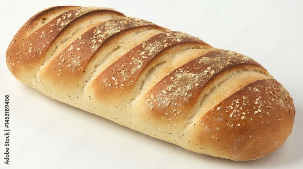 Freshly baked artisan bread loaf with golden crust and oatmeal topping lying on a white surface in a kitchen setting Freshly baked artisan bread loaf with golden crust and oatmeal topping lying on a white surface in a kitchen setting