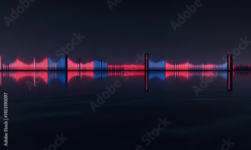 Vibrant Visuals of Abstract Sound Waves Reflection in Red and Blue Lights on Water Surface at Night Video Animation