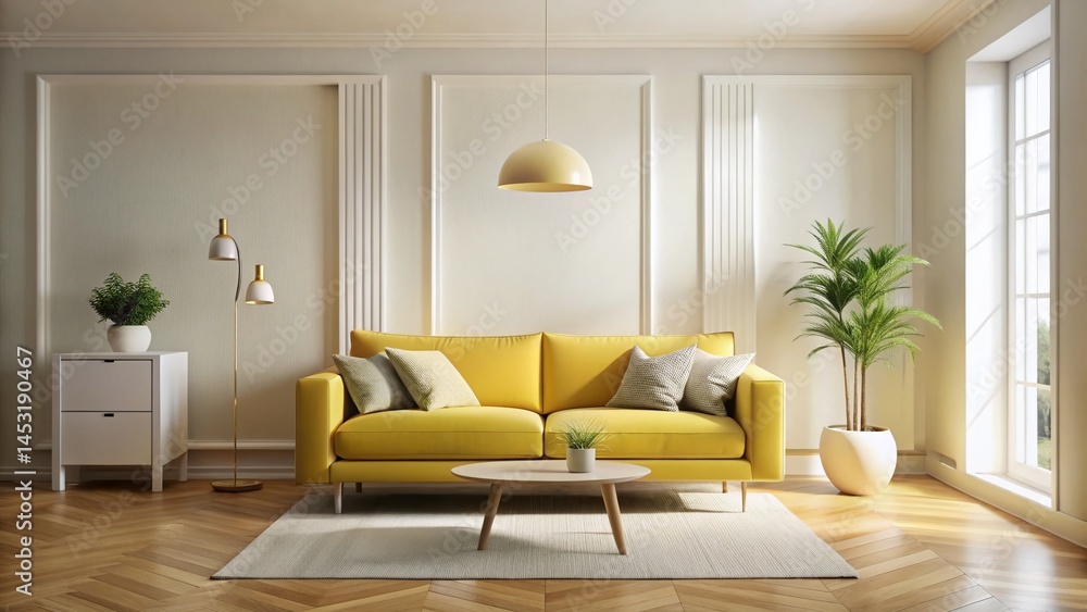 Fototapeta premium Minimalist Modern Living Room with Yellow Sofa, Bright Interior Design