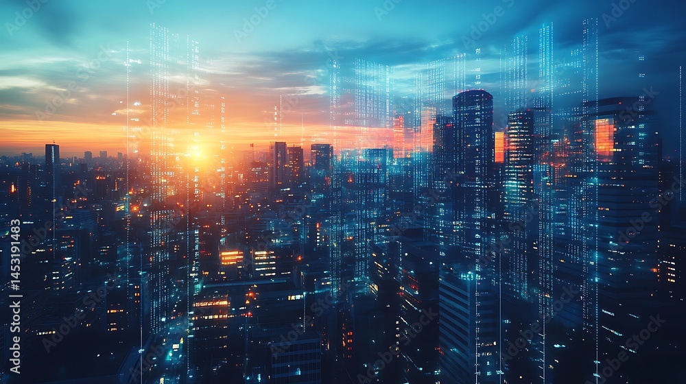 Futuristic cityscape with glowing digital elements overlaying skyscrapers Futuristic cityscape with glowing digital elements overlaying skyscrapers