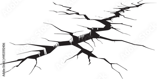 Vector illustration of a black cracked surface, perfect for destruction, earthquake, and rugged design themes. Ideal for textures, backgrounds, and dramatic art projects