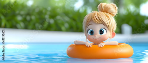 Cute Blond Girl Swimming Pool With Orange Tube