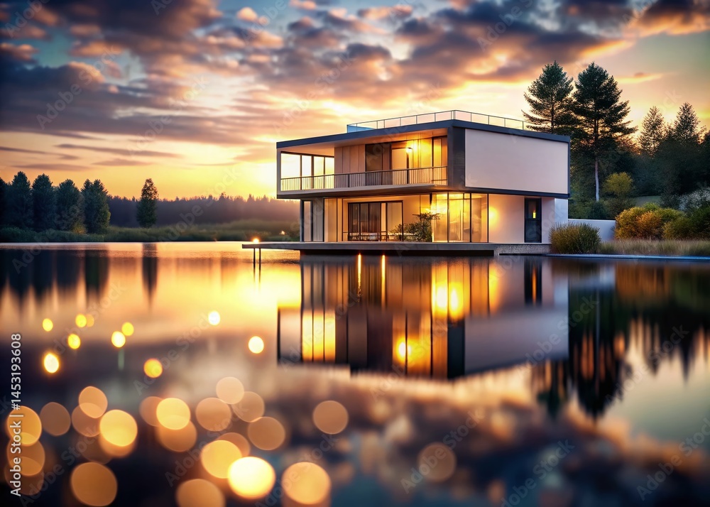 Modern Lake House Sunset Bokeh Photography - Stunning Still Water View