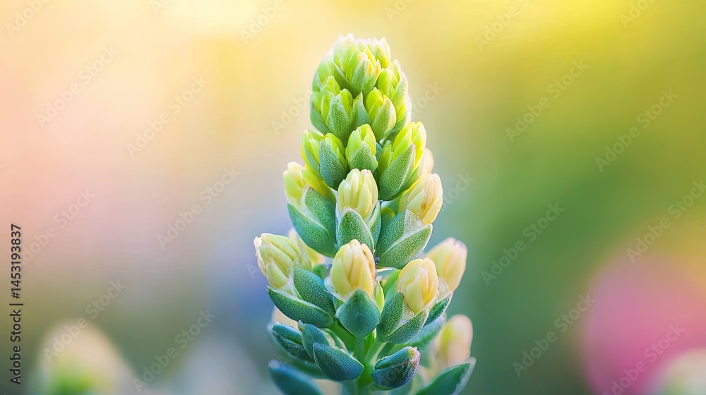 Close-up view of a cluster of delicate buds on a plant stem. Close-up view of a cluster of delicate buds on a plant stem.