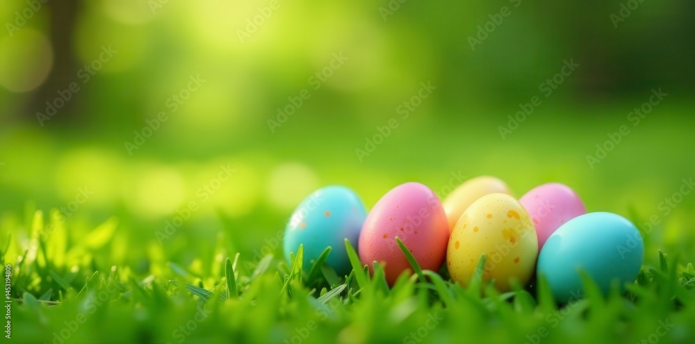 Speckled and solid Easter eggs on lush green lawn, soft focus , macro, decoration Speckled and solid Easter eggs on lush green lawn, soft focus , macro, decoration