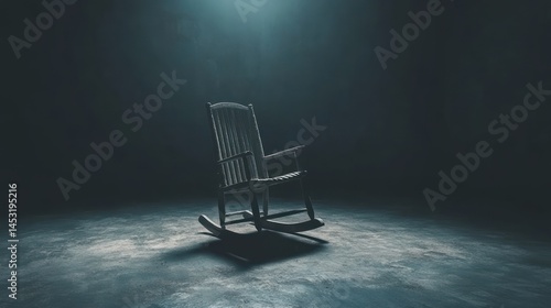 Empty rocking chair in dark, dimly lit room.  A sense of loneliness or abandonment