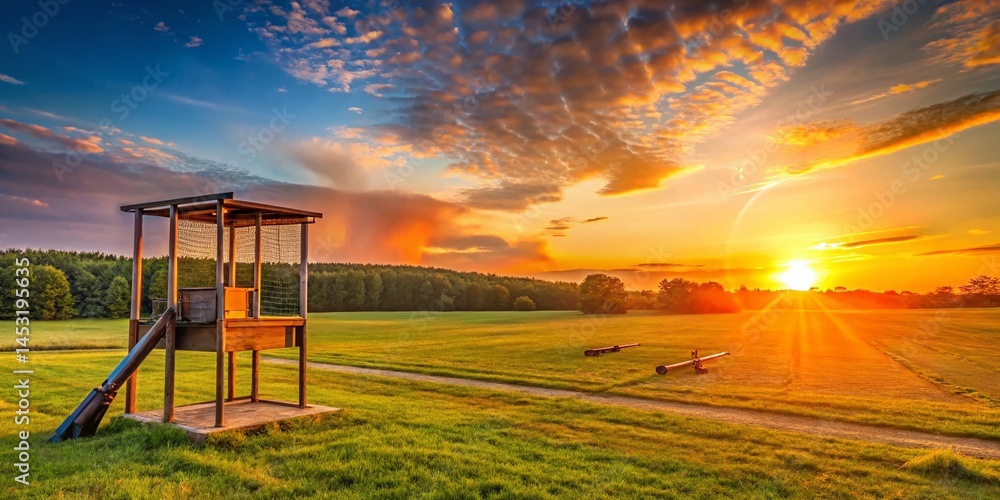 Fototapeta premium Panoramic View: Clay Pigeon Shooting Training Field with Orange Clay Targets and Trap Machine
