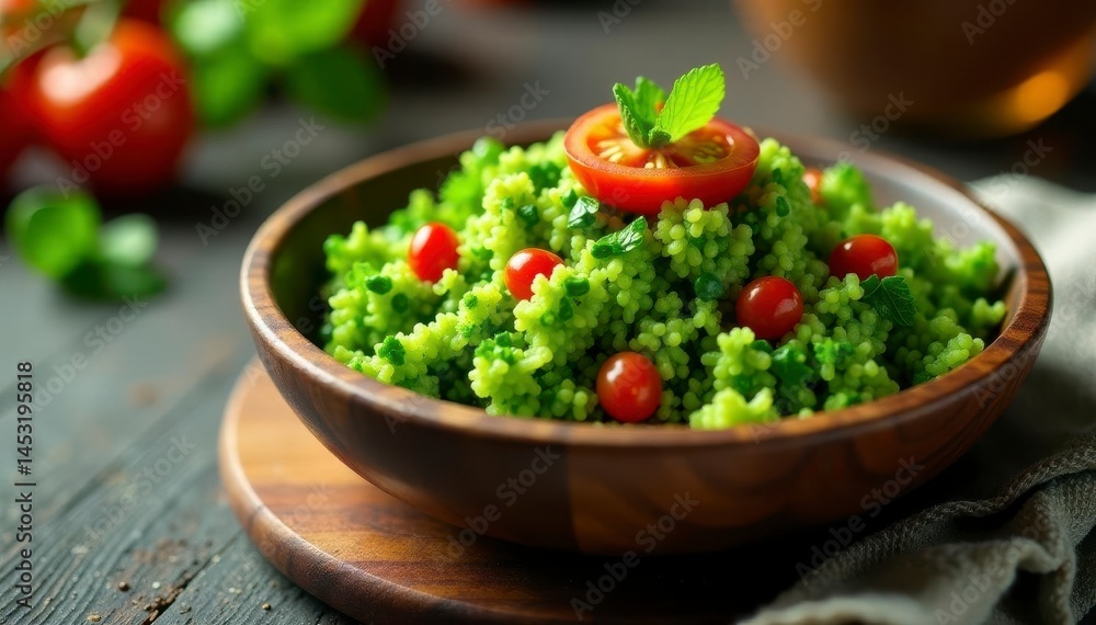 Lush green tabbouleh with bursts of red tomato, served in a handcrafted wooden bowl , arabic, meal Lush green tabbouleh with bursts of red tomato, served in a handcrafted wooden bowl , arabic, meal