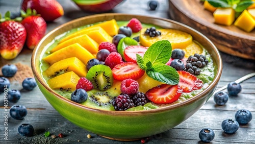 Panoramic View of Vibrant Fresh Fruit Smoothie Bowl with Toppings