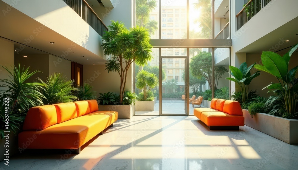 Fototapeta premium Sunlit atrium, vibrant orange seating, greenery , sunlit, office, sun