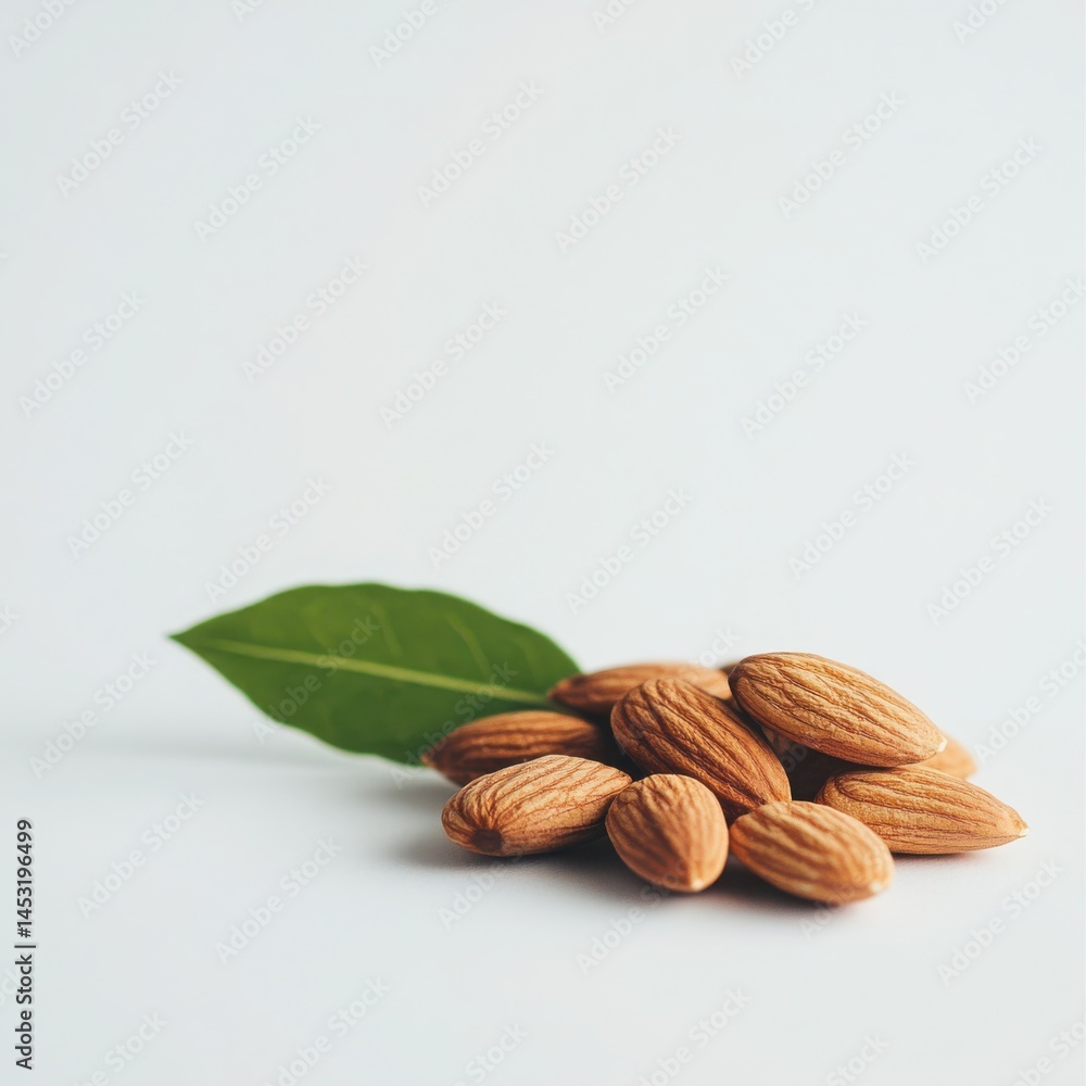 Pile of almonds with leaf isolated on a white background Pile of almonds with leaf isolated on a white background
