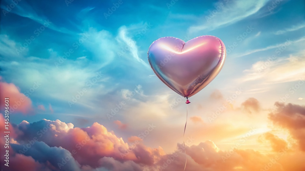 Fototapeta premium Pastel Heart Balloon Floating, Serene Background, Copy Space - Stock Photo