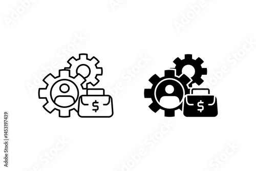 Business management icon features a person in a gear holding a briefcase and a dollar sign. Ideal for financial and leadership concepts in design projects.