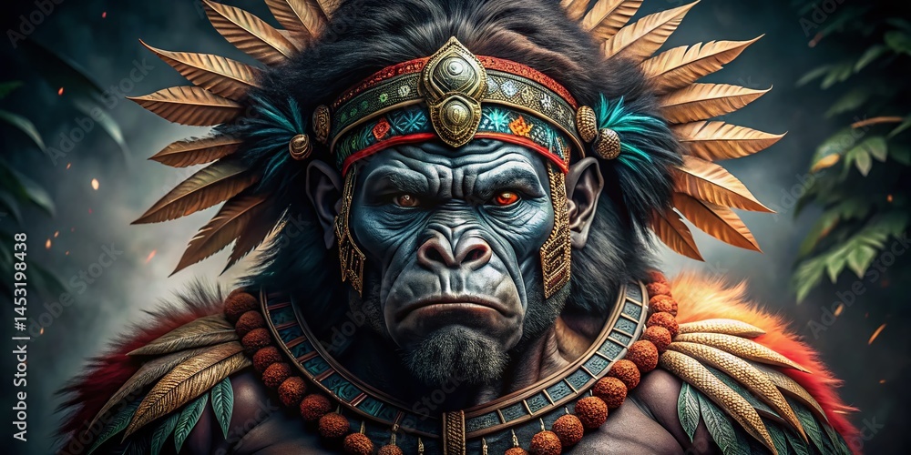 Fototapeta premium Powerful Gorilla Aztec Warrior in Dramatic Black and White Documentary Style