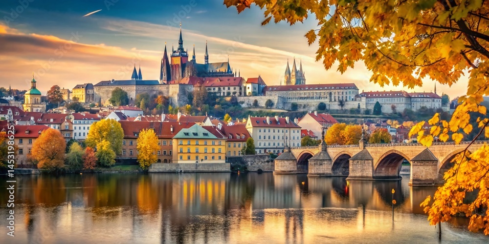 Fototapeta premium Prague Castle, Lesser Town, Vltava River Autumn Bokeh Photography
