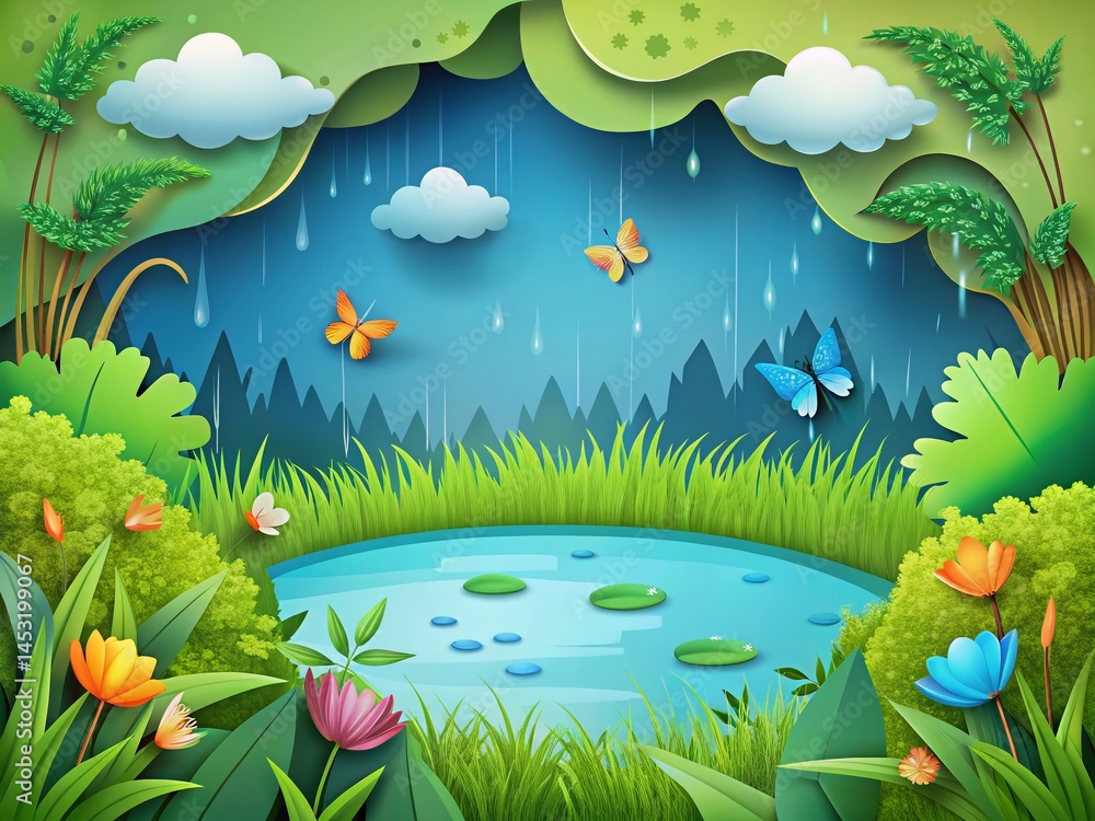 Obraz premium Rainy Season Pond: Paper Cut Style Illustration of Plants, Butterflies, and Raindrops