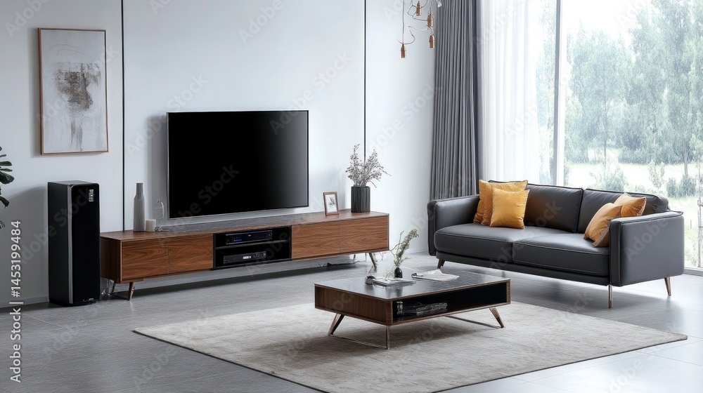 Fototapeta premium A modern living room with furniture and a television set