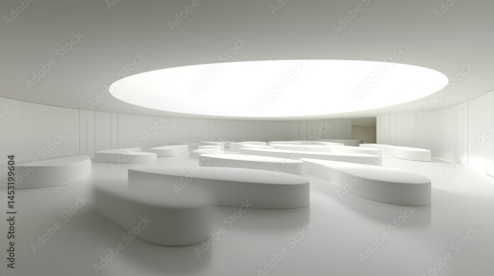 Minimalist architectural interior design with curved benches and skylight Minimalist architectural interior design with curved benches and skylight