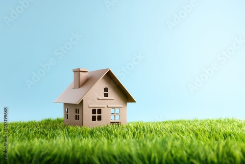 Wallpaper Mural Small cardboard house on green grass against a light blue backdrop Torontodigital.ca