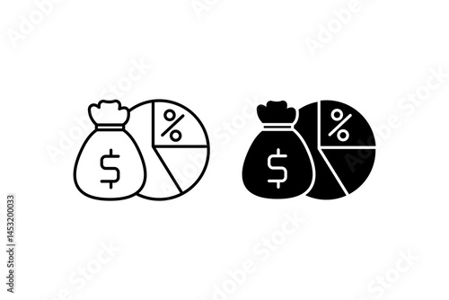 Profit margin icons depicting money bag and pie chart; ideal for financial reports, business presentations, marketing materials, and data analysis.