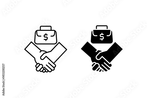Business partnership icon shows handshakes and a briefcase with a dollar sign. It is perfect for illustrating financial agreements and collaborations.