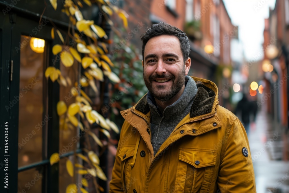 Portrait of a handsome bearded man in a yellow coat on a city street. Portrait of a handsome bearded man in a yellow coat on a city street.