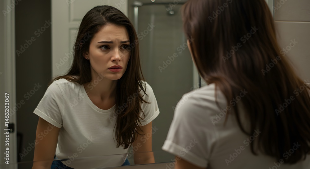 Woman looking in mirror with worried expression reflecting on mental health and self image concerns Woman looking in mirror with worried expression reflecting on mental health and self image concerns