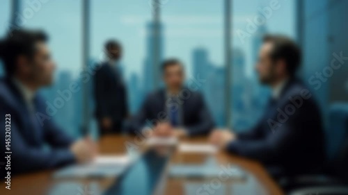 Blurred image of businesspeople in suits having a meeting in a modern office overlooking a city skyline