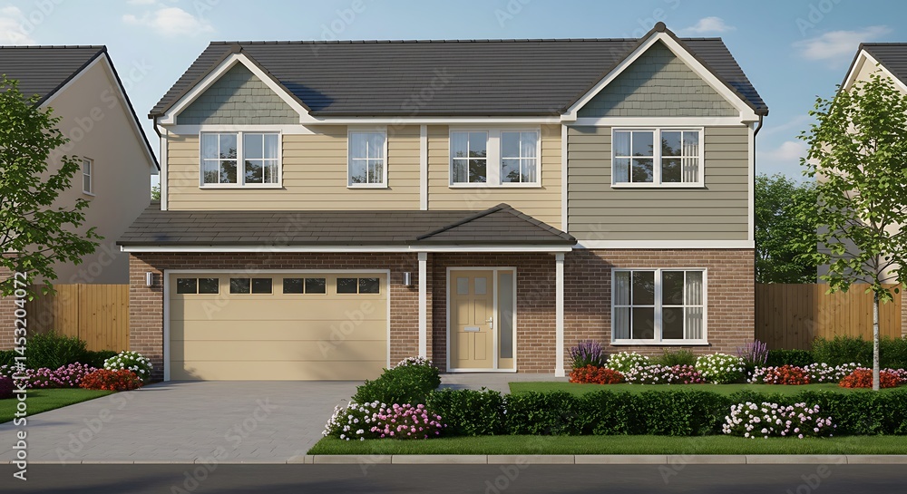 Fototapeta premium Newly built model home with elegant coastal design, white exterior, and a neatly landscaped front yard perfect for tropical living or vacation rental appeal.