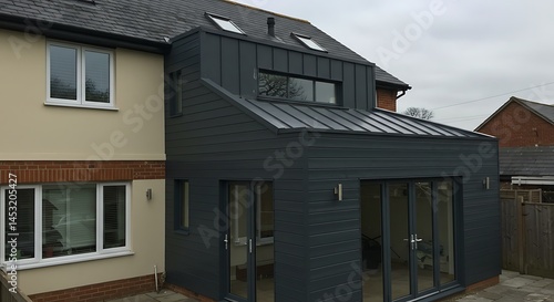 Modern detached house extension with zinc roofing and wood facade cladding, creating additional living space with energy-efficient design and strong architectural appeal.