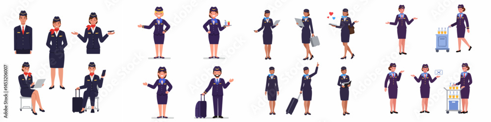 Collection of Female Flight Attendant Characters Vector Set
Collection of Female Flight Attendant Characters Vector Set
