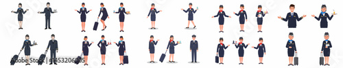 Diverse Flight Attendant Characters with Luggage Illustration Set

