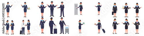Set of Flight Attendant and Cabin Crew Characters Illustration

