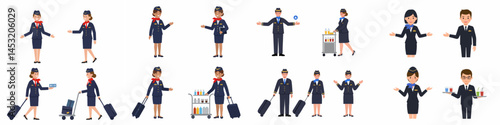 Cartoon Flight Attendant Characters with Service Cart and Luggage Illustrations

