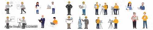 Cartoon Engineers, Architects, and Construction Planners with Blueprints and Tools

