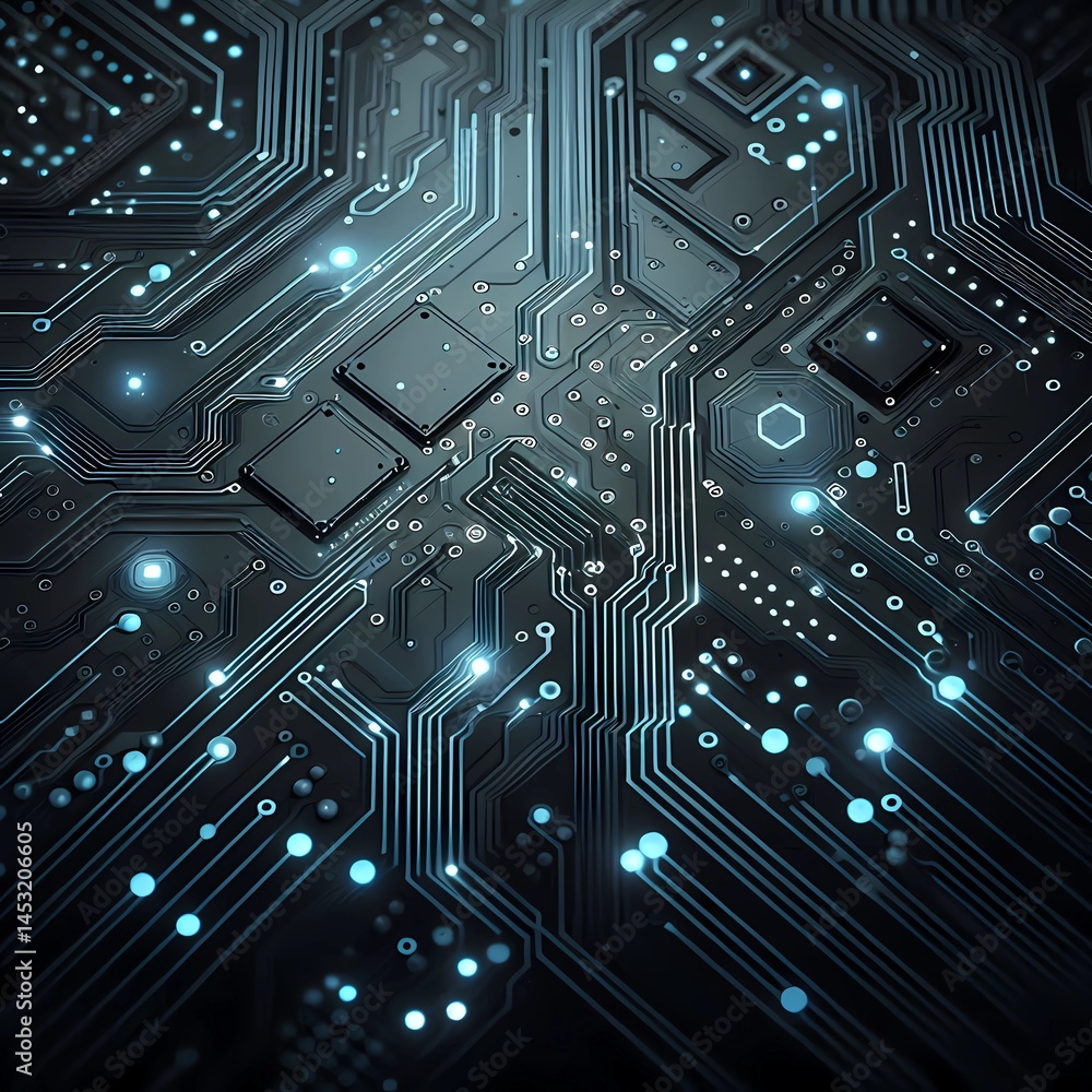 Fototapeta premium Technology Futuristic Abstract Chips Layout High-tech computer circuit board inspired background with embedded glowing light dots