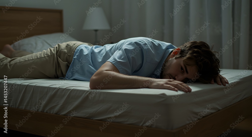 Man sleeping alone in bed at night concept for insomnia sleep disorder or depression and mental health issues Man sleeping alone in bed at night concept for insomnia sleep disorder or depression and mental health issues