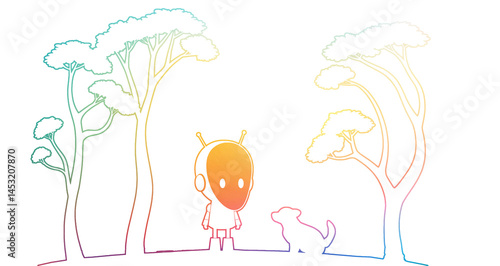 silhouette of newborn robot AI and puppy in nature