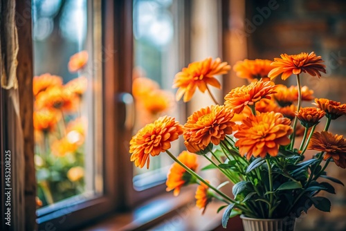 Soft Focus Orange Flowers by Window -  Documentary Style Stock Photo