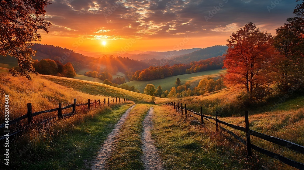 A panoramic view of the English countryside at sunrise, with rolling hills and distant silhouettes of trees in autumn colors. A panoramic view of the English countryside at sunrise, with rolling hills and distant silhouettes of trees in autumn colors.