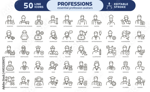 Essential professions and diverse job roles avatars icon set. Thin line editable stroke icons for careers, jobs, workplace, service, education, occupations, employment, workforce