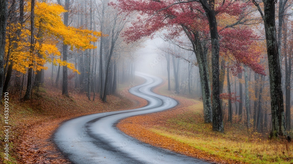 Fototapeta premium A winding road through colorful trees with autumnal foliage