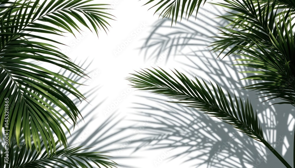 Tropical vibes illustration with palm leaves and shadows on white surface Tropical vibes illustration with palm leaves and shadows on white surface