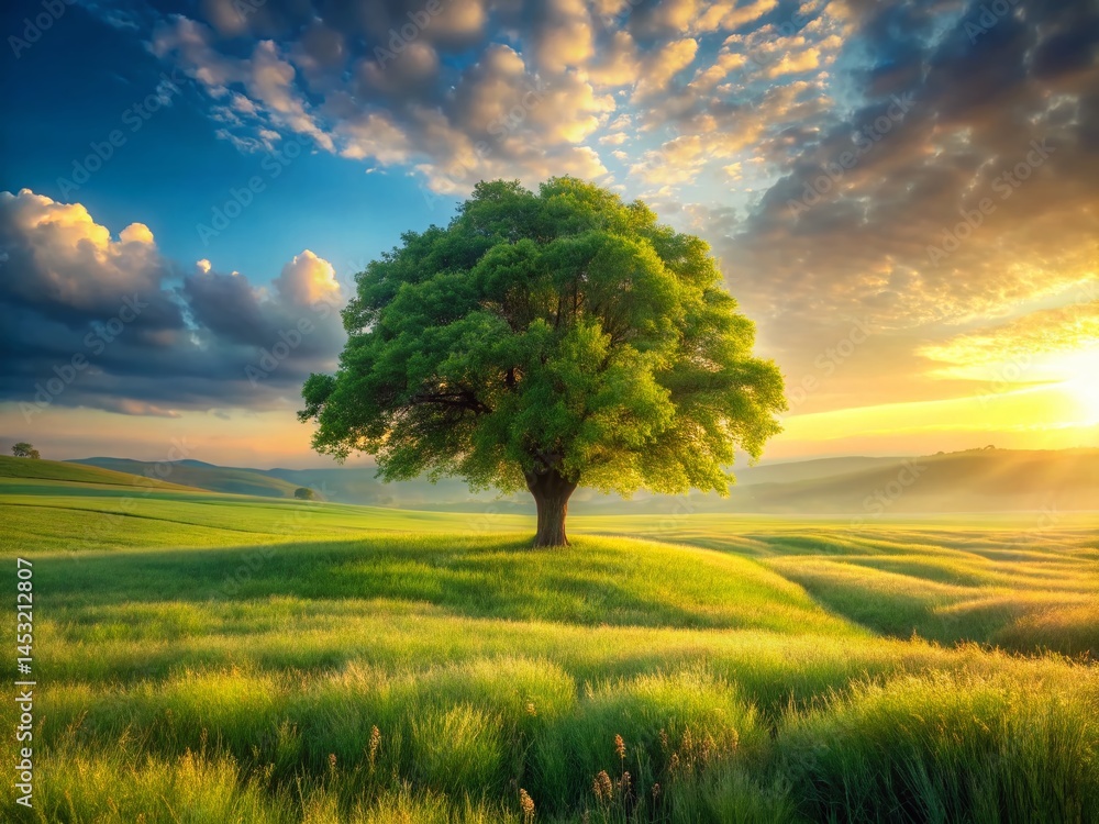 Fototapeta premium Surreal Summer Meadow Panorama: Dreamlike Green Field with Tree, Morning Light