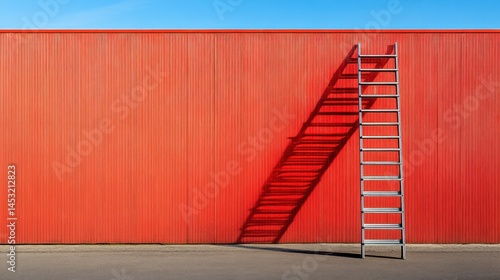 A silver ladder leans against a bright red wall in sunlight